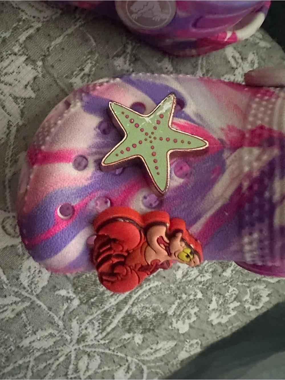 CROCS Kids Pink Purple Tie-Dye Clogs with Ariel Jibbitz